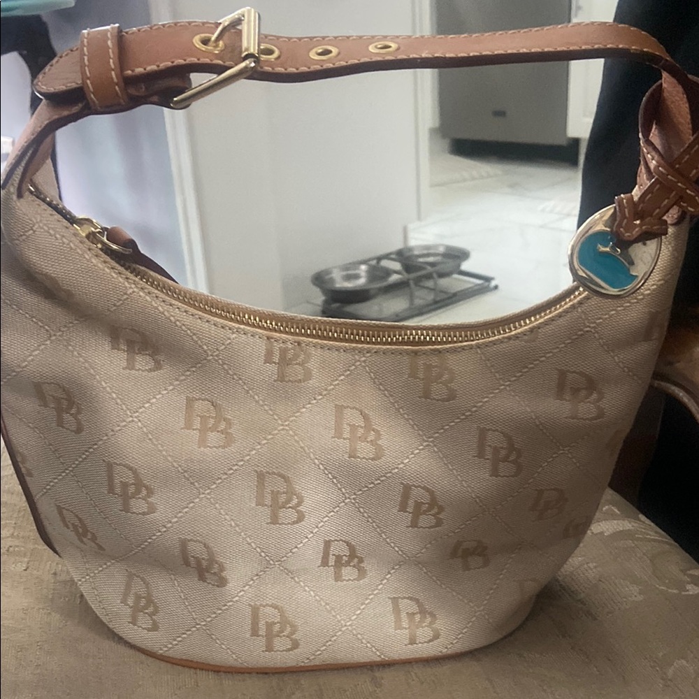 Dooney & Bourke Cream and Brown Shoulder Bag with Monogram Pattern